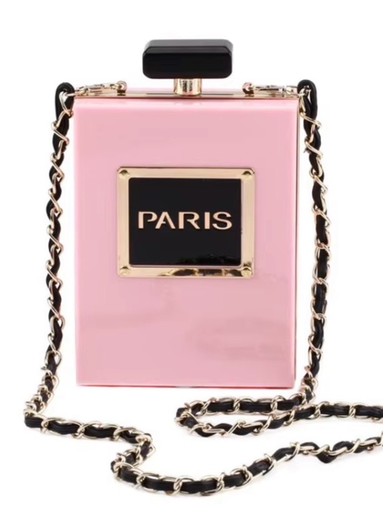 Private Label Handbags - Paris Perfume Bottle Novelty Crossbody Bag Gold Chain